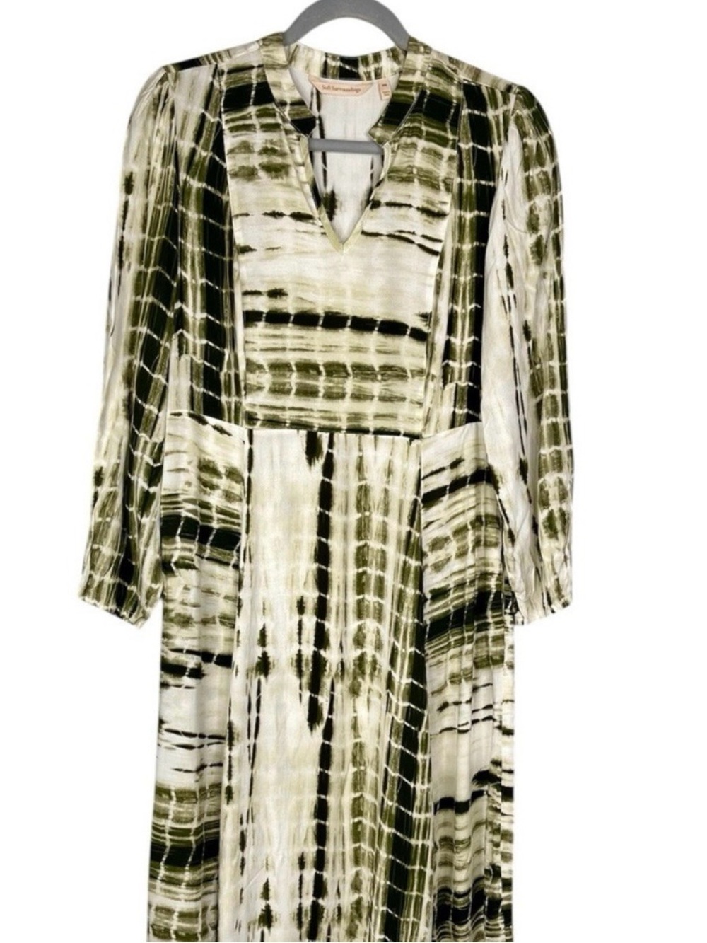 Soft Surroundings Melody Green Off White Flowy V-Neck Long Maxi Dress